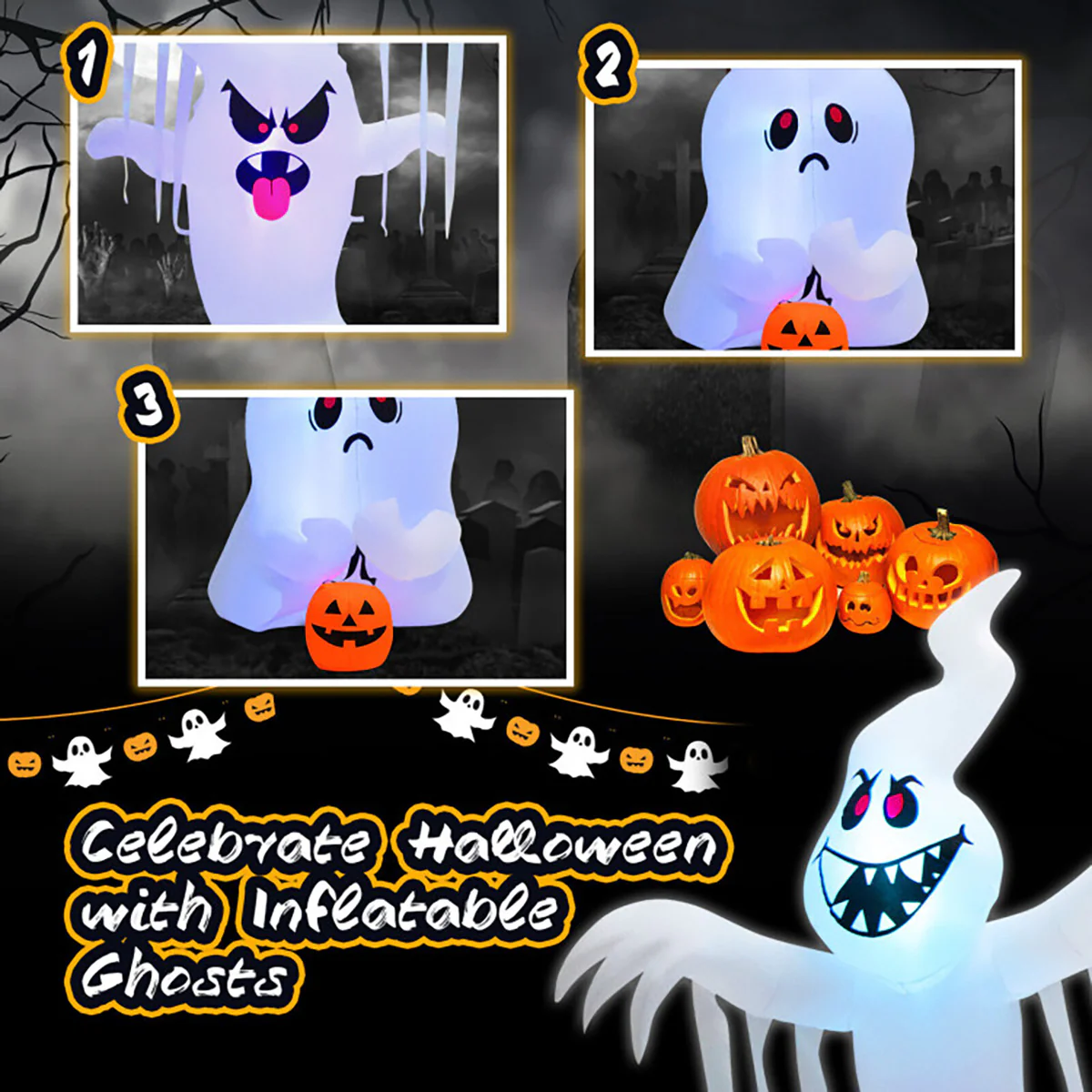 10' Inflatable Halloween Overlapping Ghosts - Image 4