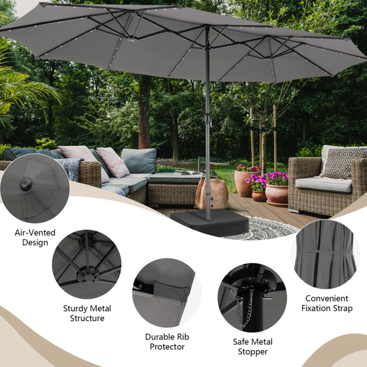 15' Double-Sided Patio Umbrella with Solar Powered LED Lights - Image 29
