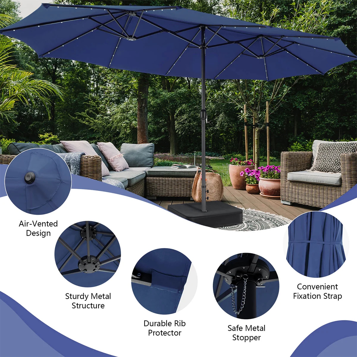 15' Double-Sided Patio Umbrella with Solar Powered LED Lights - Image 47