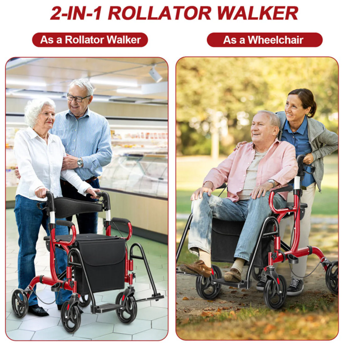 2-in-1 Folding Rollator Walker Transport Wheelchair - Image 3