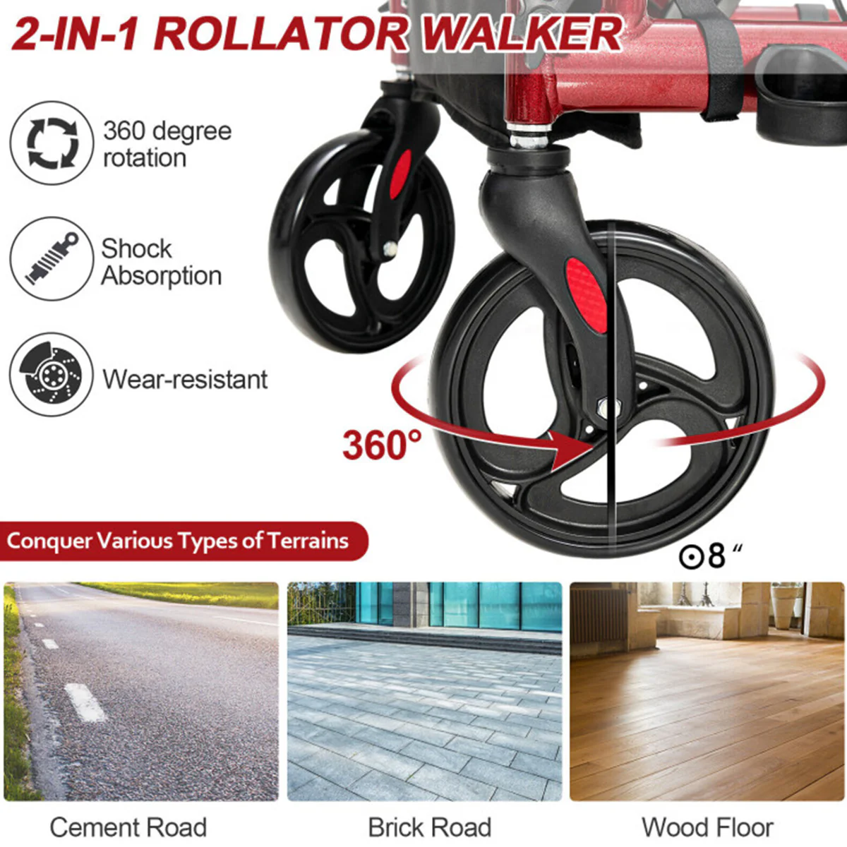 2-in-1 Folding Rollator Walker Transport Wheelchair - Image 5