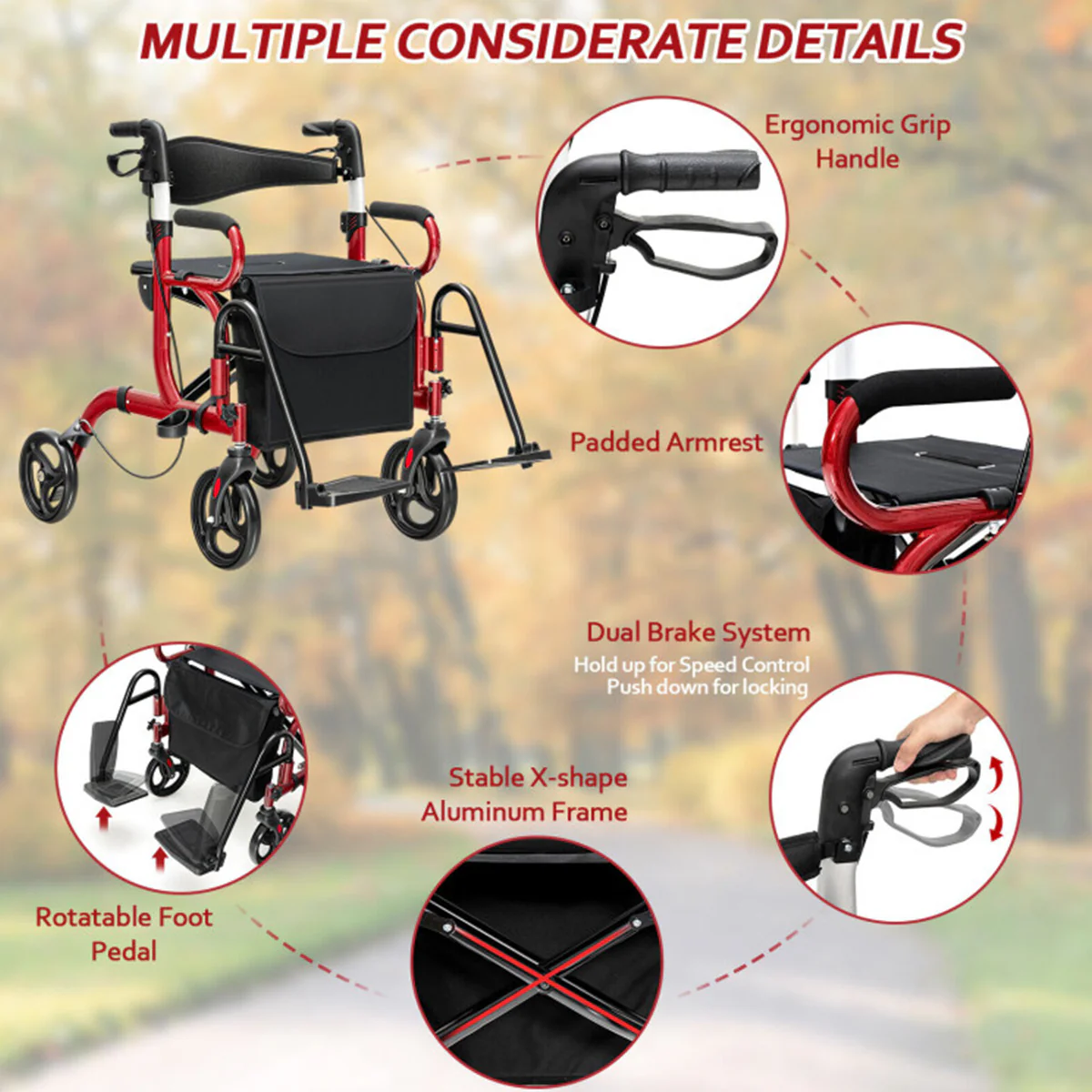 2-in-1 Folding Rollator Walker Transport Wheelchair - Image 8