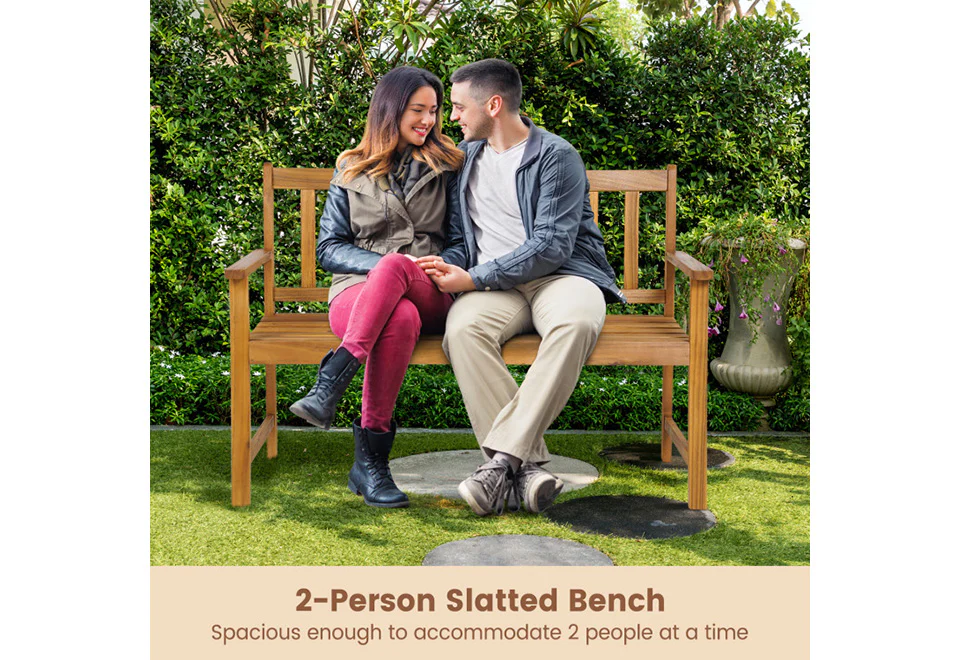 2-Person Outdoor Acacia Wood Bench with Backrest - Image 3