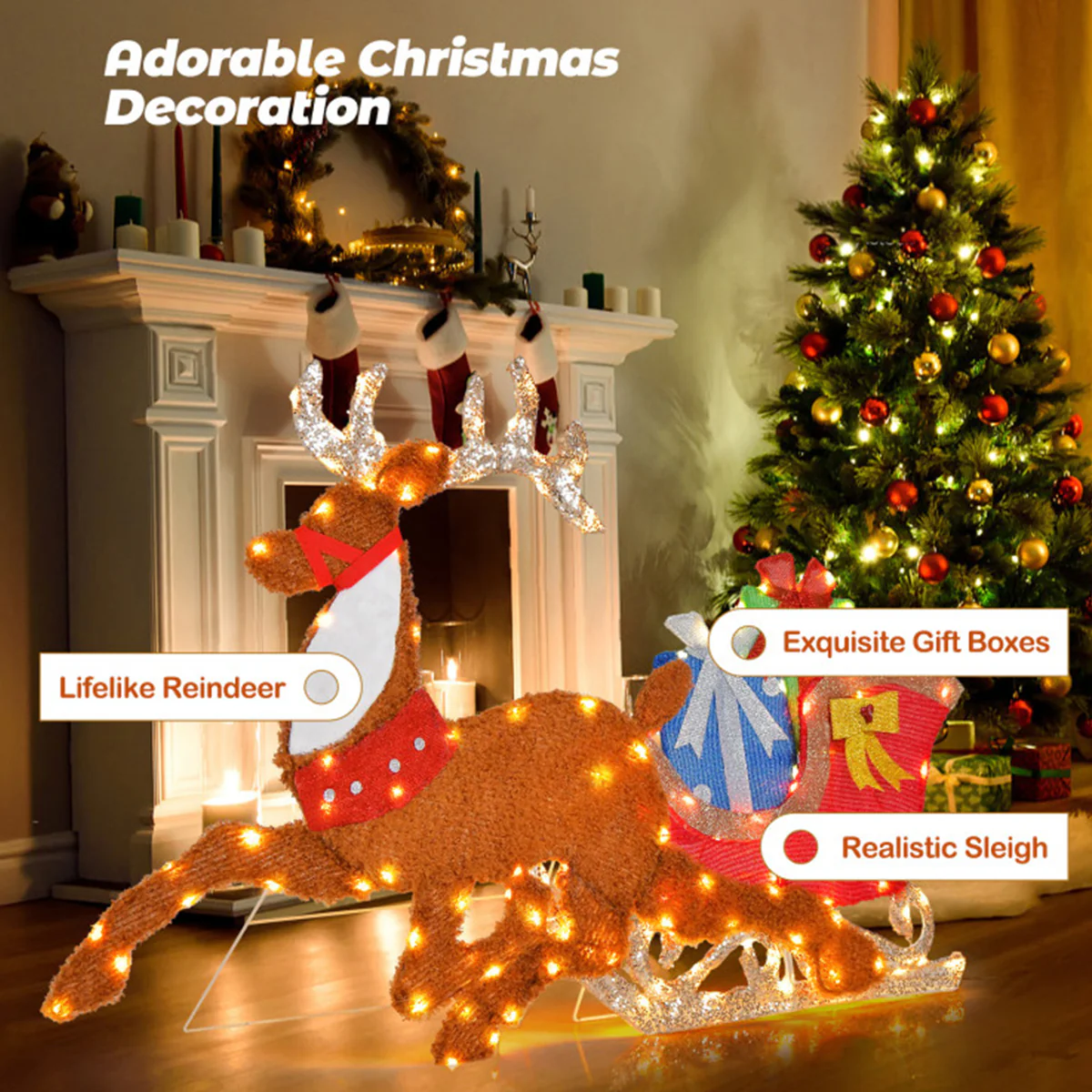 2D Pre-Lit Christmas Reindeer and Sleigh Decoration - Image 3