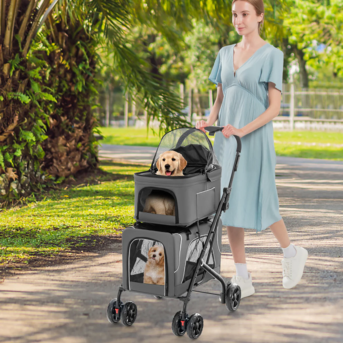 3-in-1 Foldable Double Pet Stroller with Detachable Carriers - Image 12