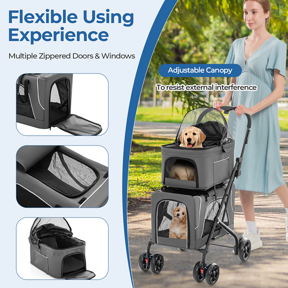 3-in-1 Foldable Double Pet Stroller with Detachable Carriers - Image 14