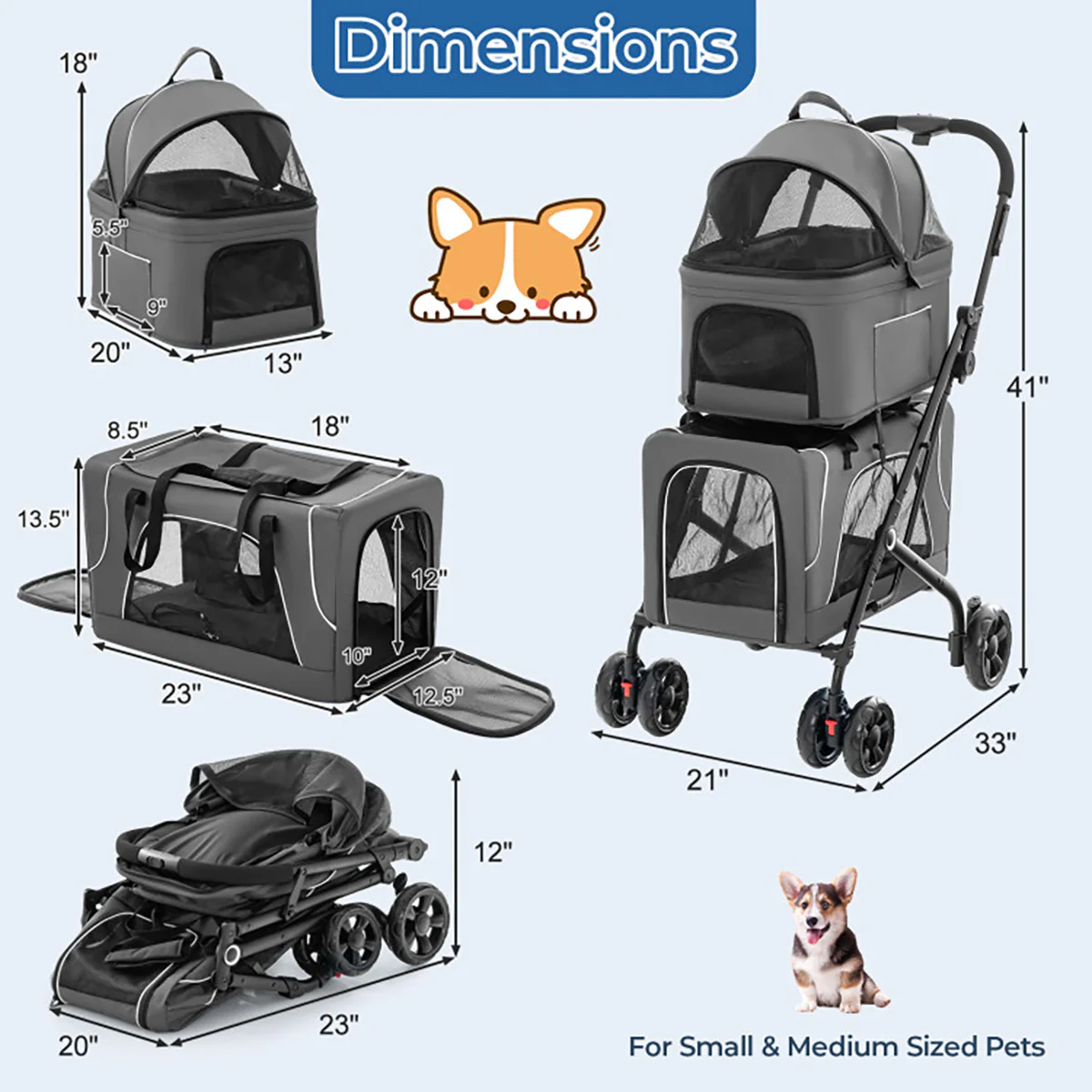 3-in-1 Foldable Double Pet Stroller with Detachable Carriers - Image 17