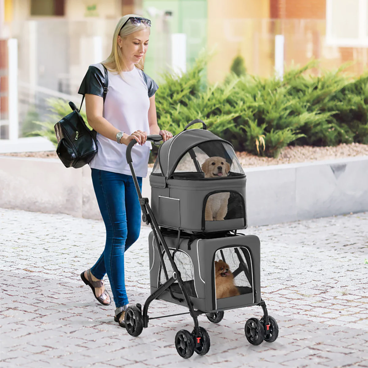 3-in-1 Foldable Double Pet Stroller with Detachable Carriers - Image 18