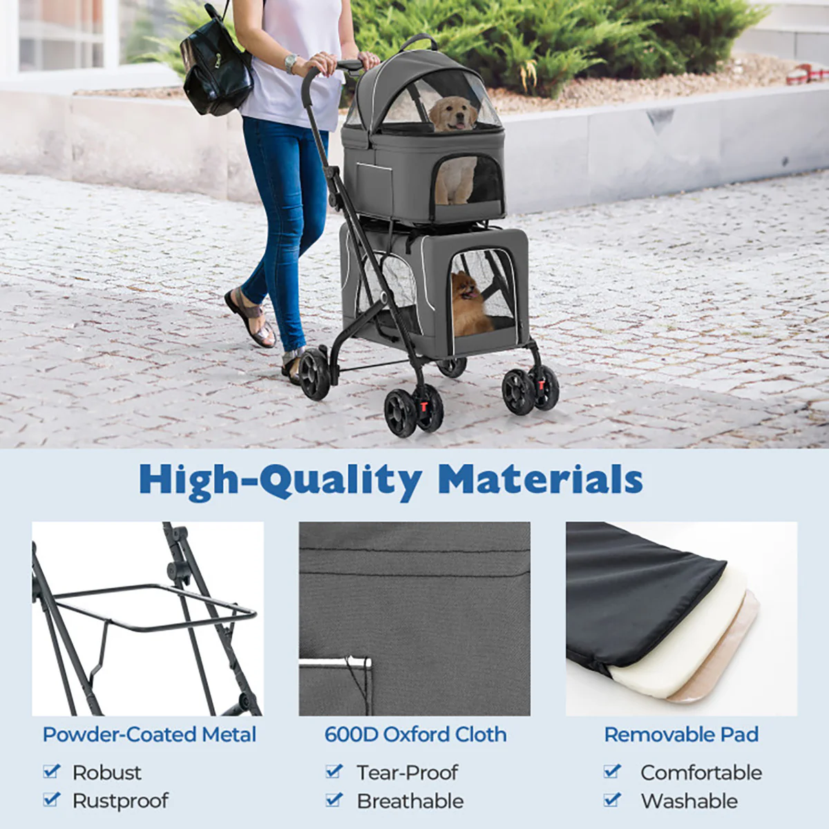 3-in-1 Foldable Double Pet Stroller with Detachable Carriers - Image 19