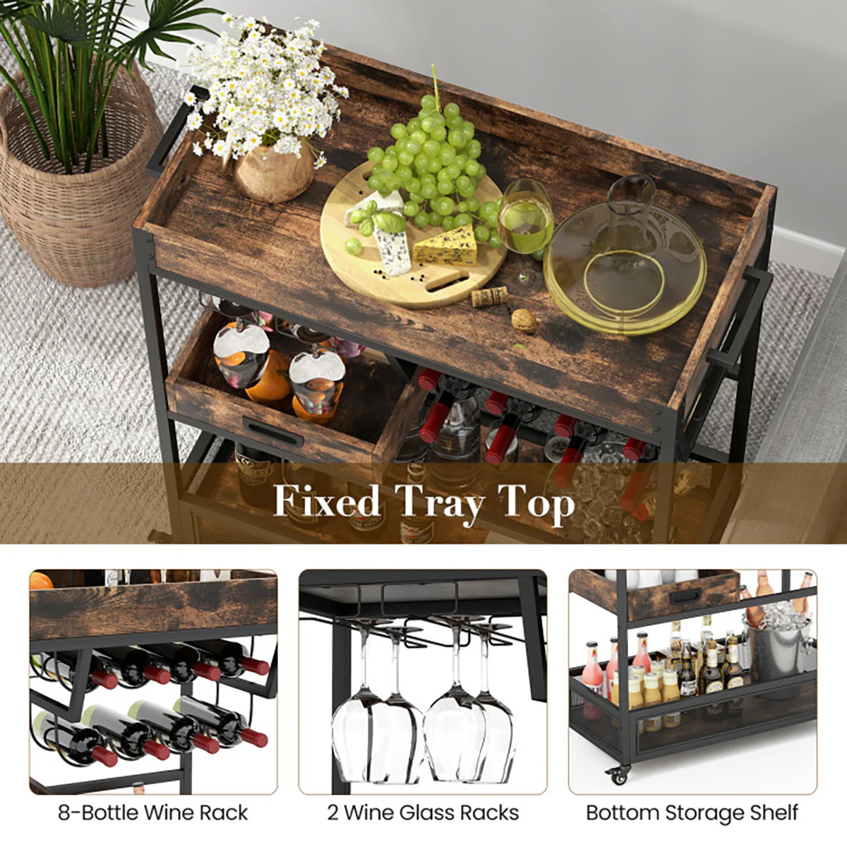 3-Tier Industrial Buffet Serving Cart with Wine Rack - Image 3