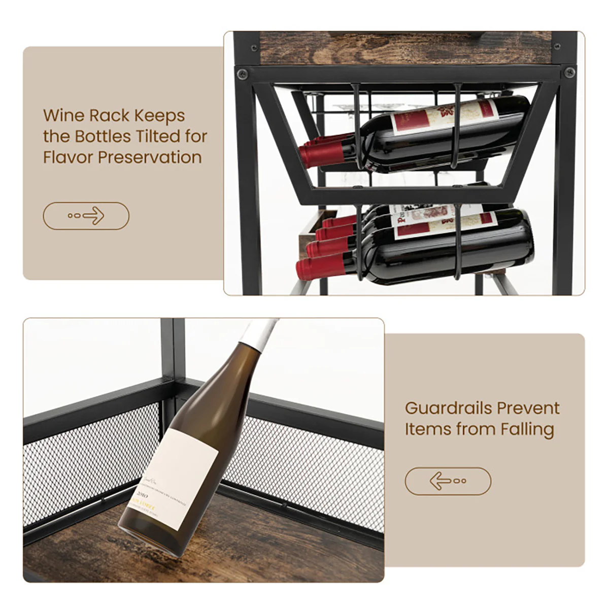 3-Tier Industrial Buffet Serving Cart with Wine Rack - Image 6