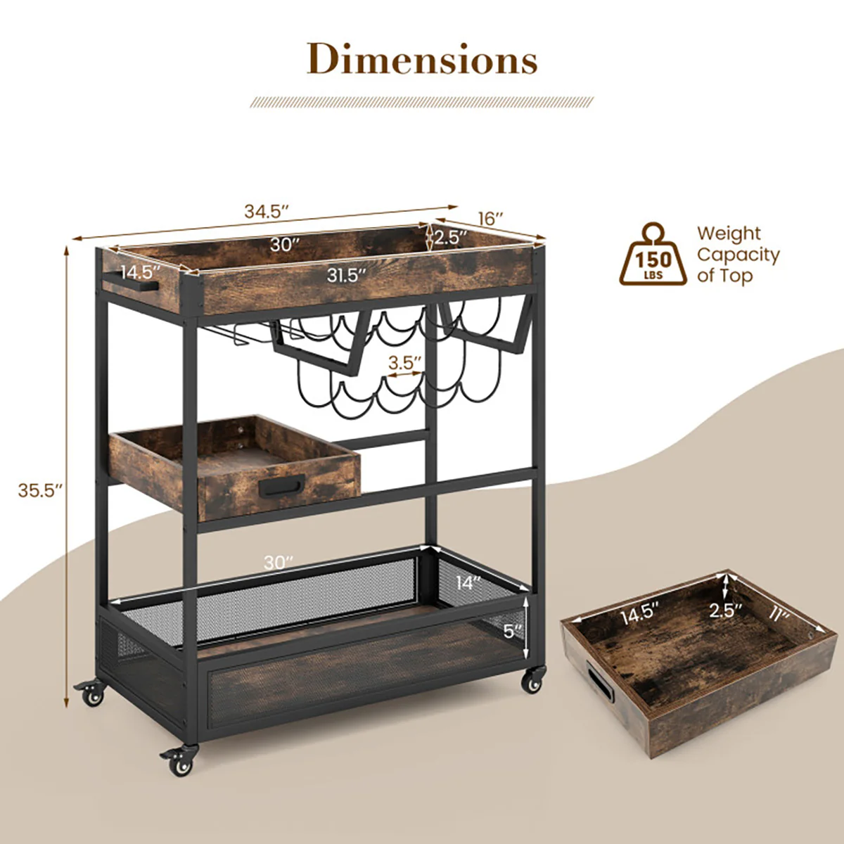 3-Tier Industrial Buffet Serving Cart with Wine Rack - Image 7