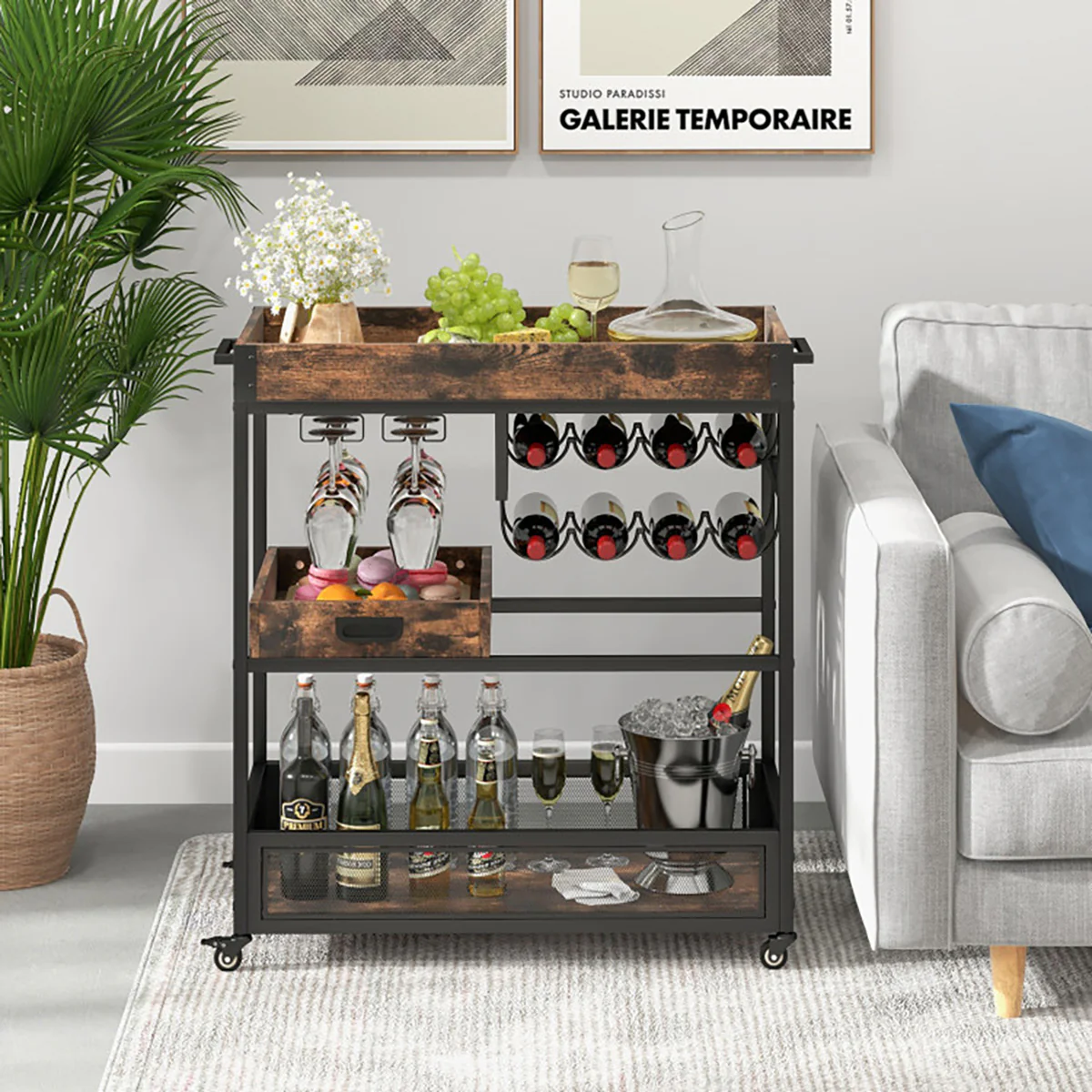 3-Tier Industrial Buffet Serving Cart with Wine Rack - Image 8