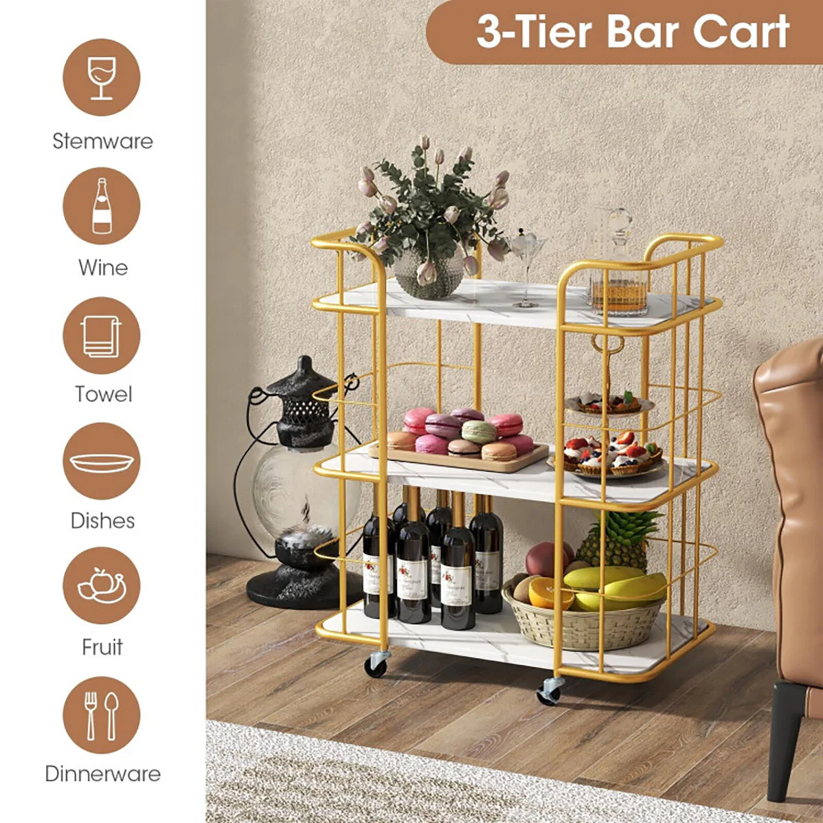 3-Tier Metal Storage Serving Cart Trolley - Image 3