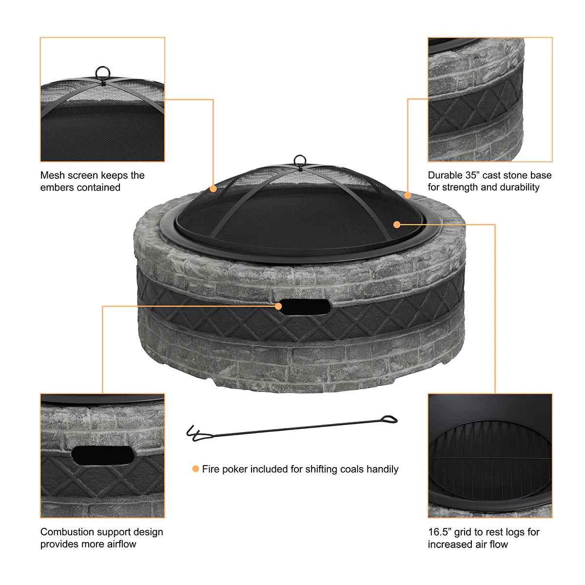 35'' Cast Stone and Trim Wood-Burning Fire Pit - Image 4