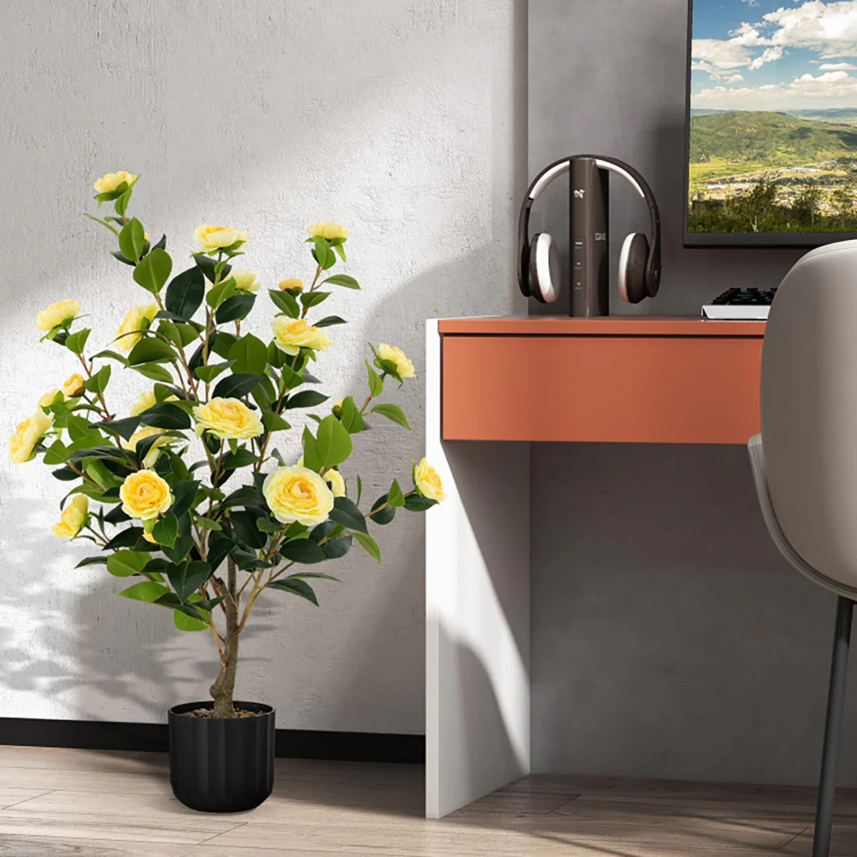 38'' Artificial Camellia Flower Trees with Cement Pot (Set of 2) - Image 11