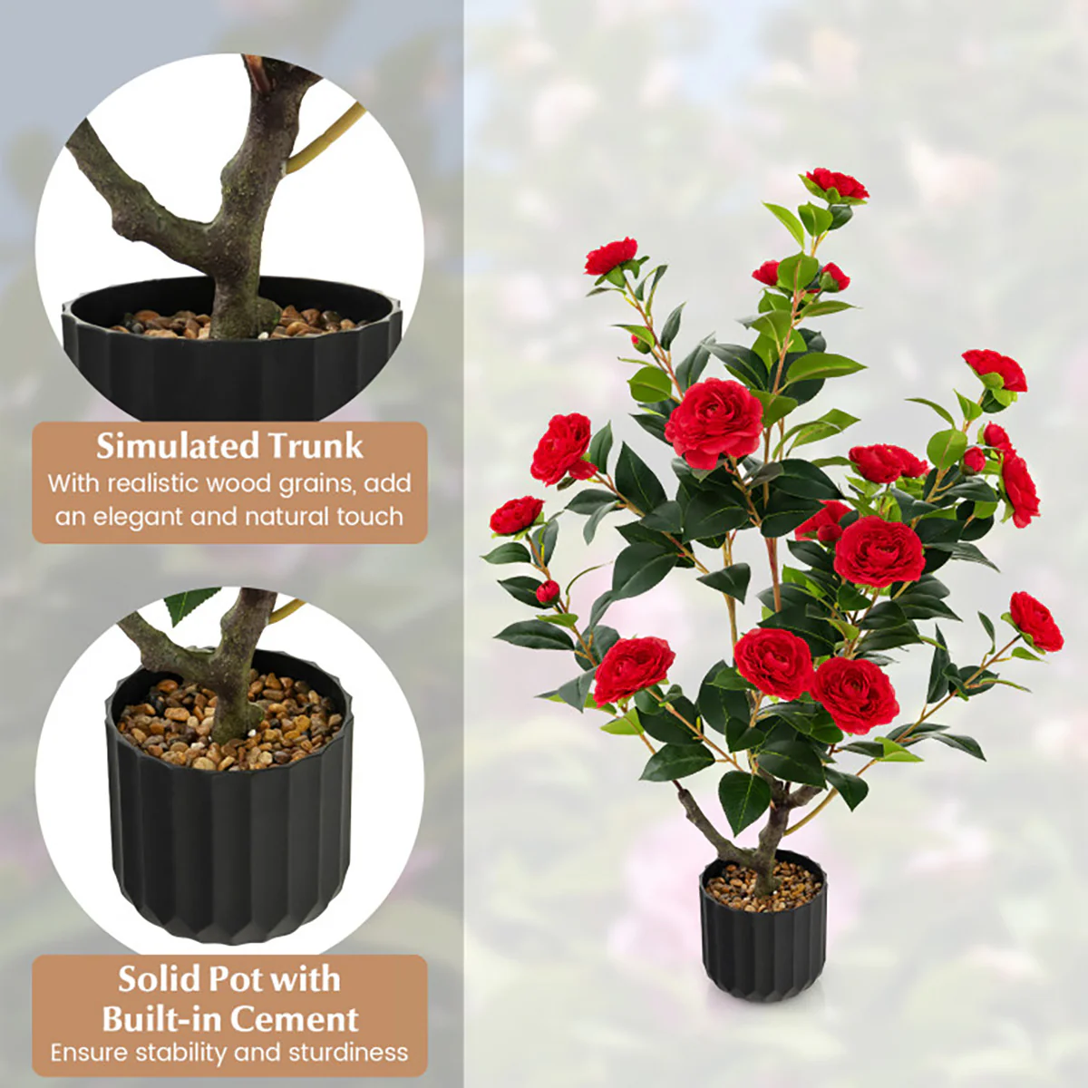 38'' Artificial Camellia Flower Trees with Cement Pot (Set of 2) - Image 28
