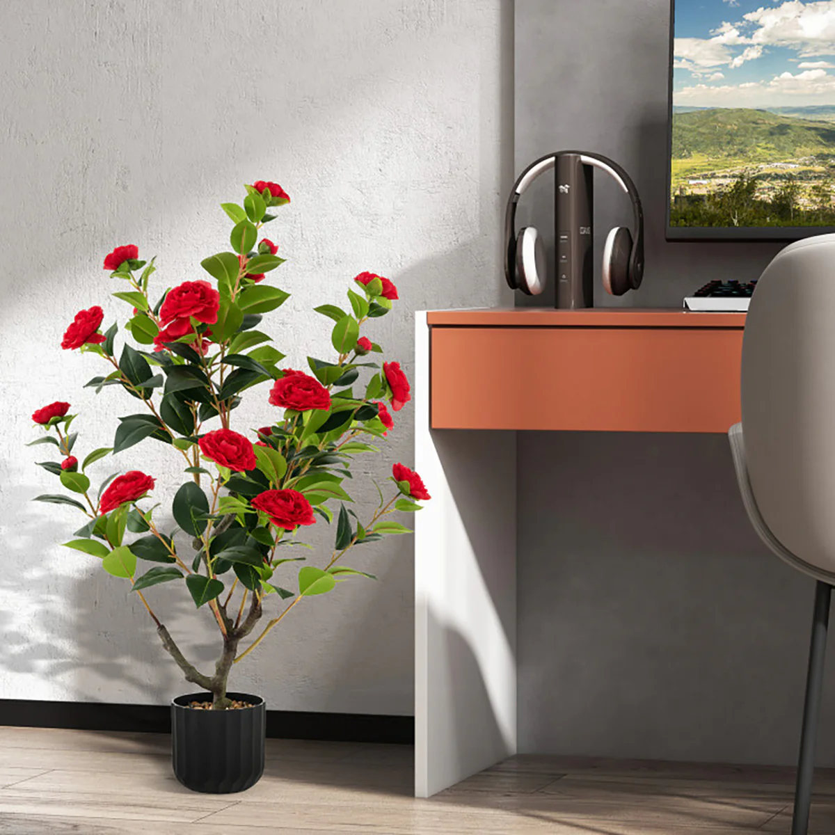 38'' Artificial Camellia Flower Trees with Cement Pot (Set of 2) - Image 32