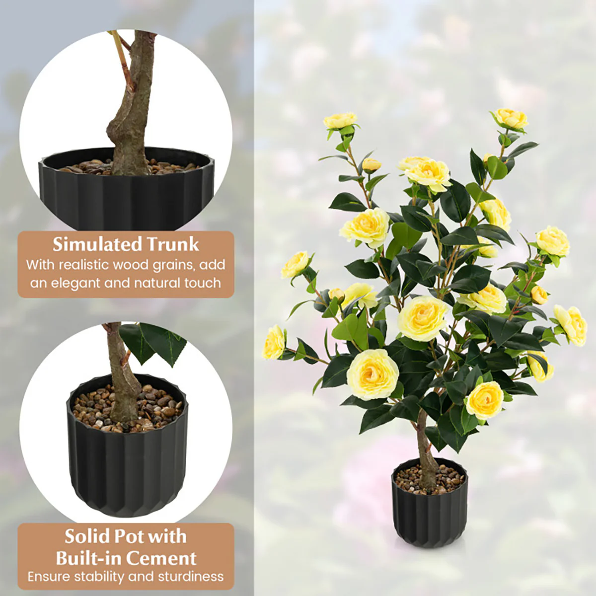 38'' Artificial Camellia Flower Trees with Cement Pot (Set of 2) - Image 8