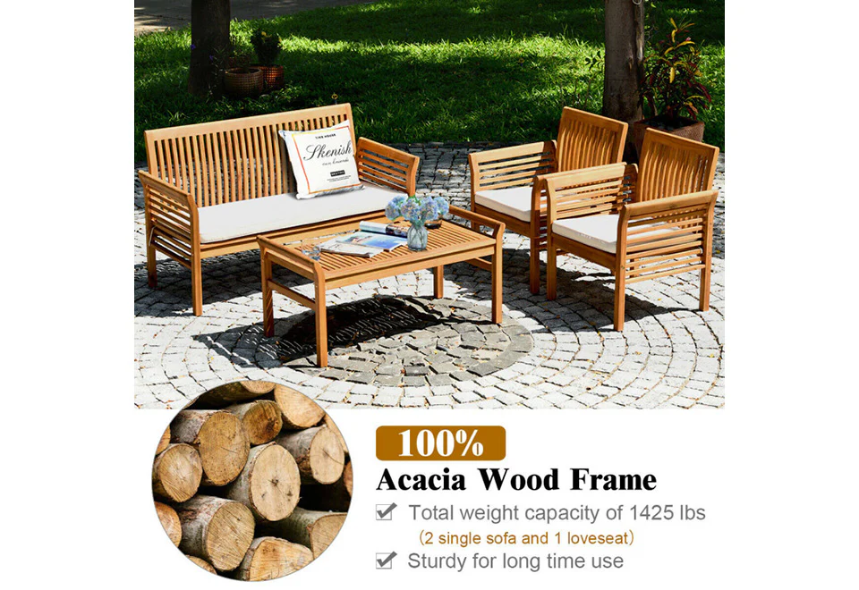 4-Piece Outdoor Acacia Wood Sofa Furniture Set - Image 4