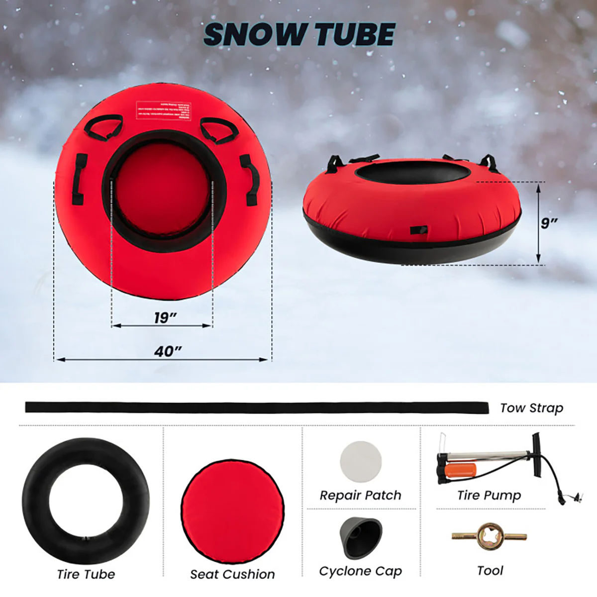 40'' Heavy-Duty Inflatable Snow Sled with Tow Strap - Image 10