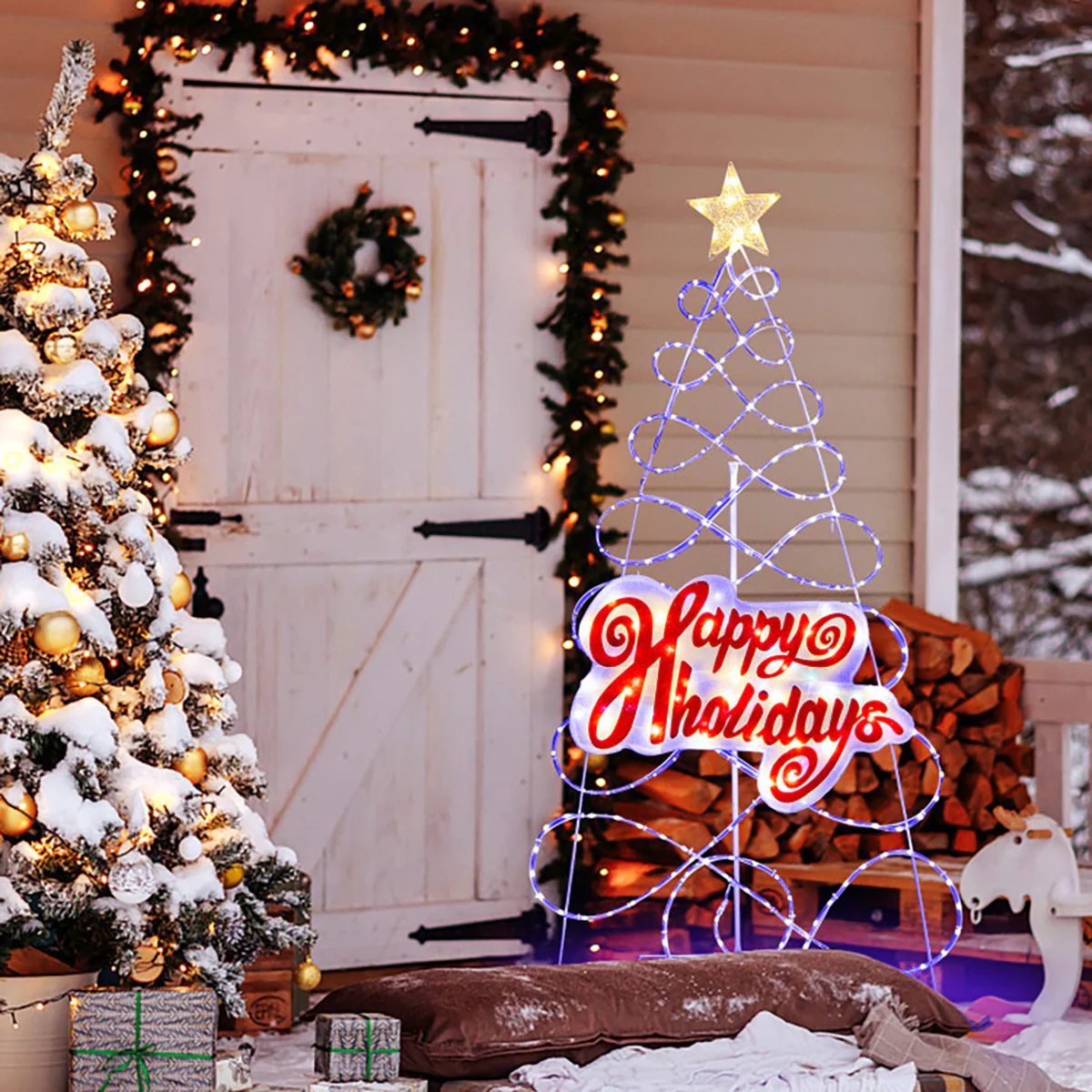 5.6' Pre-Lit Happy Holidays Christmas Tree Decoration