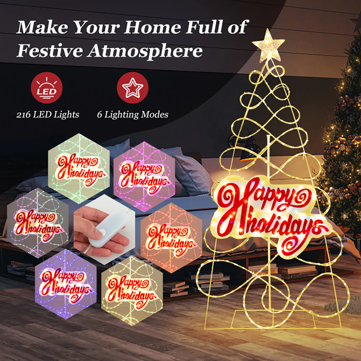5.6' Pre-Lit Happy Holidays Christmas Tree Decoration - Image 4