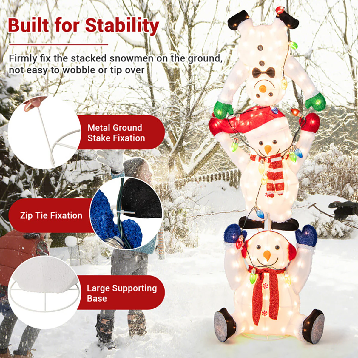5.6' Pre-Lit Lighted Stacked Snowmen Decoration - Image 3