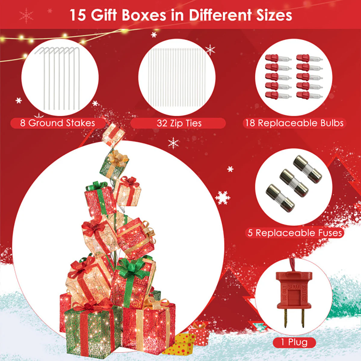 5.6' Pre-Lit Stacked Christmas Gift Box Tower - Image 9