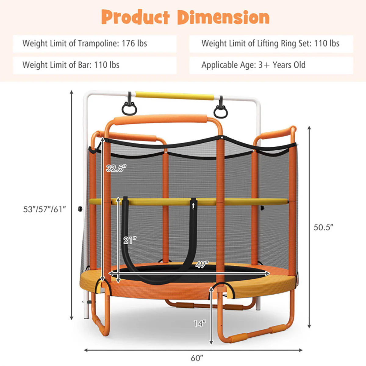 5' Kids 3-in-1 Game Trampoline with Enclosure Net Spring Pad - Image 17