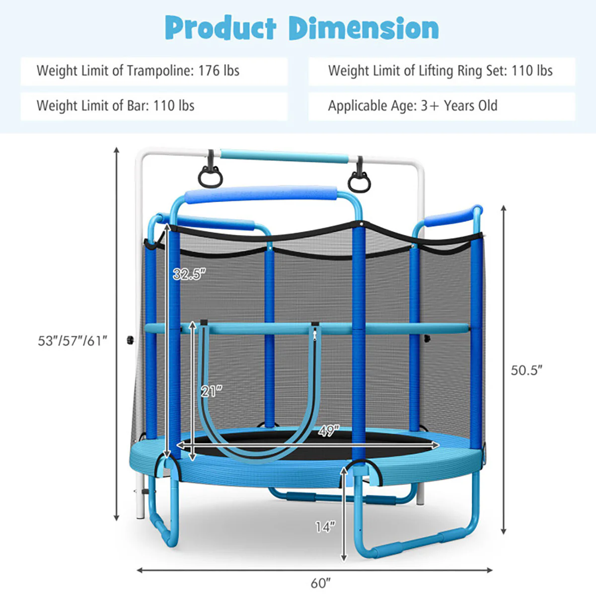 5' Kids 3-in-1 Game Trampoline with Enclosure Net Spring Pad - Image 8