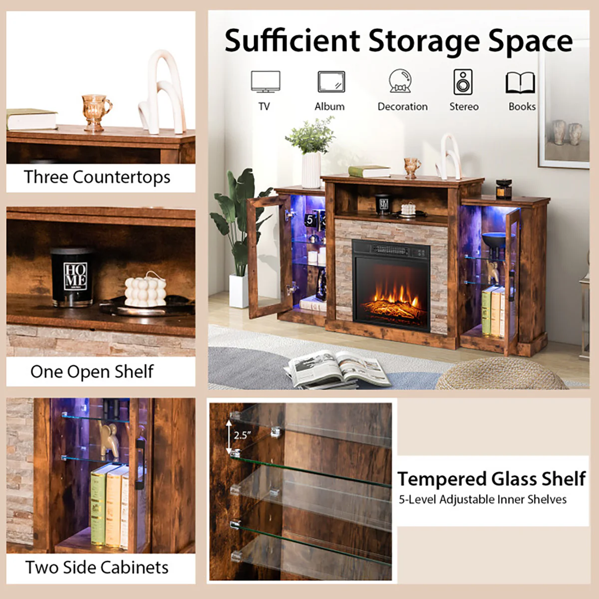 58'' Fireplace TV Stand with Adjustable Shelves - Image 6