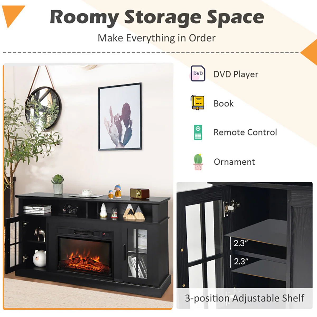 58'' Fireplace TV Stand with Side Cabinets - Image 36