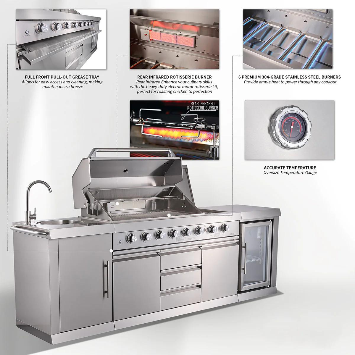 6-Burner Propane Gas Grill Island with Rotisserie and Outdoor Refrigerator - Image 3