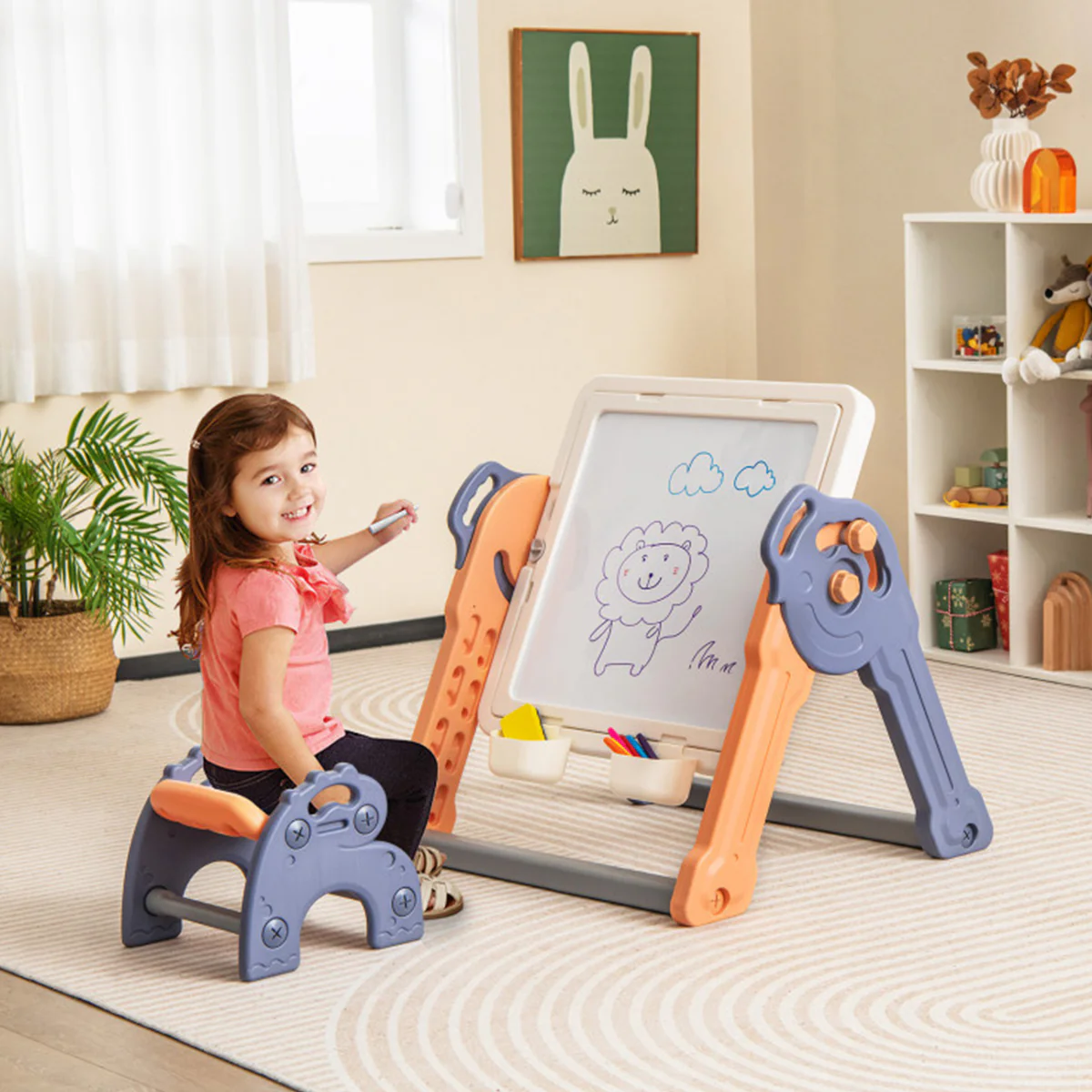 6-in-1 Folding Kids Art Easel with Building Block Tabletop