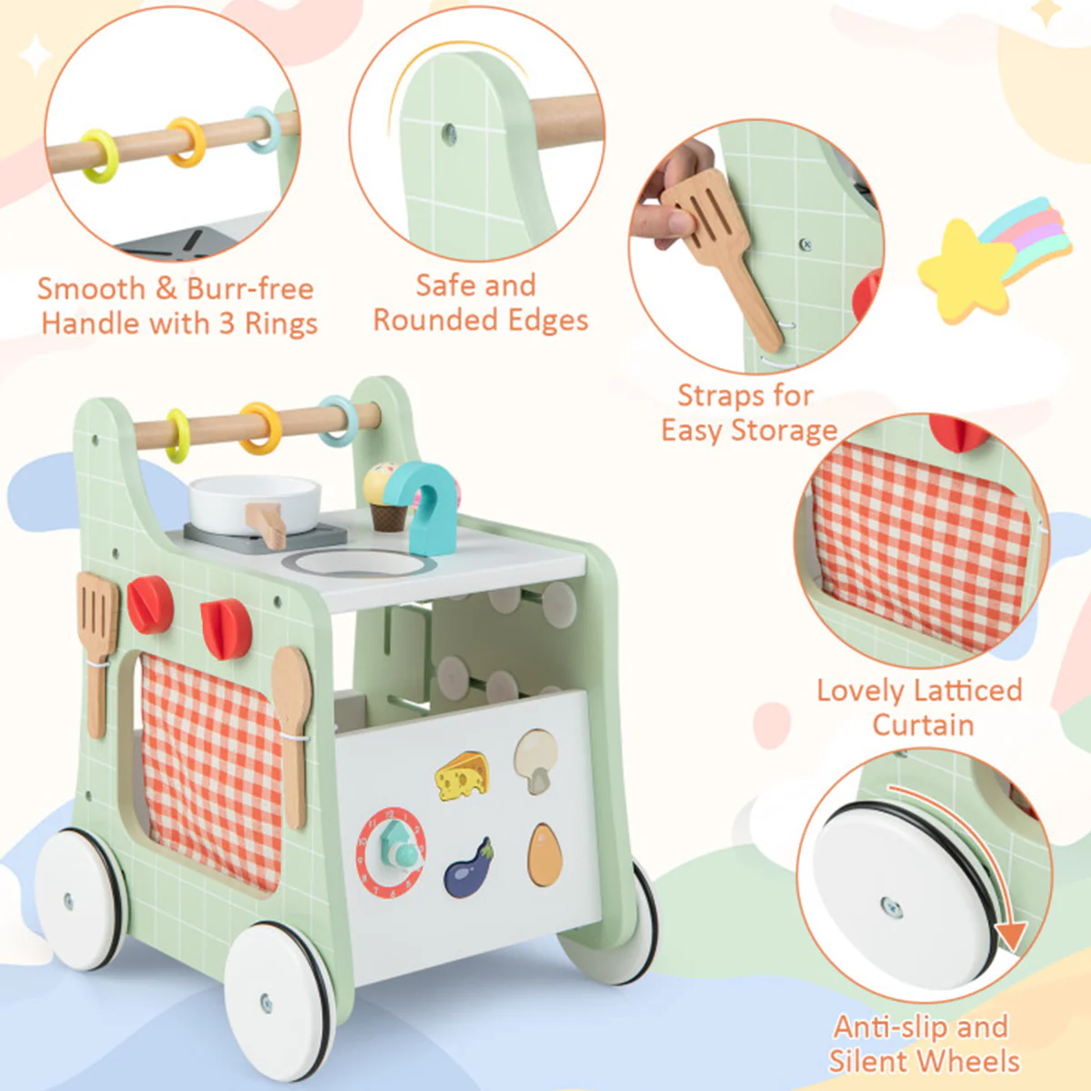 6-in-1 Wooden Push Walker Play Kitchen - Image 5