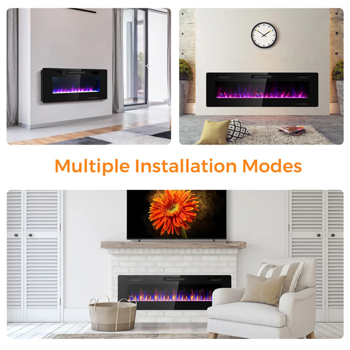 60'' Ultra-Thin Recessed/Wall-Mounted Electric Fireplace - Image 3