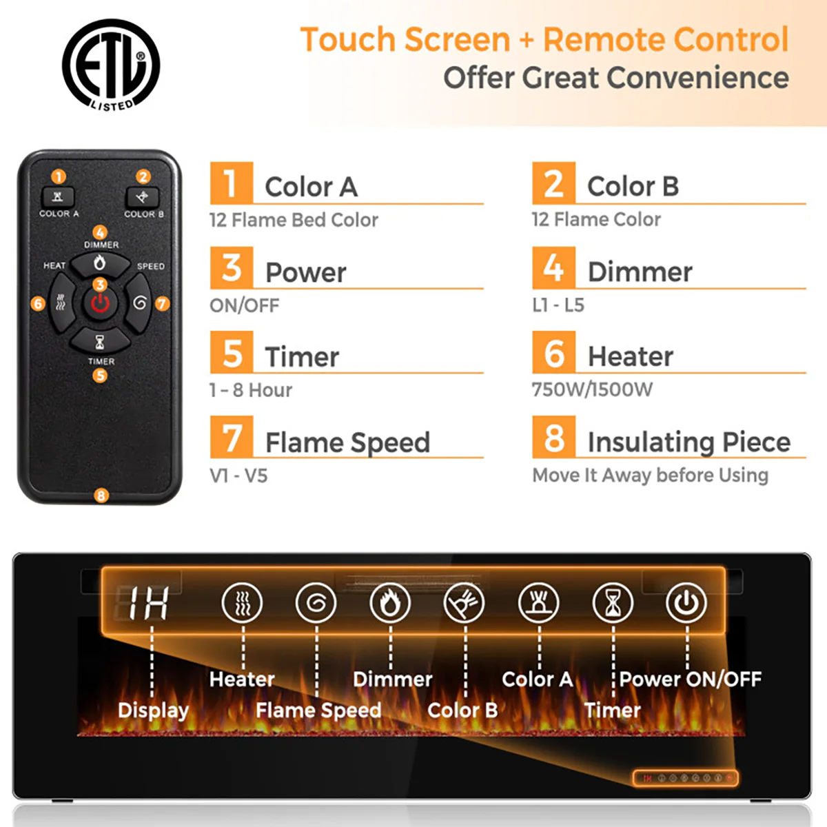 60'' Ultra-Thin Recessed/Wall-Mounted Electric Fireplace - Image 5