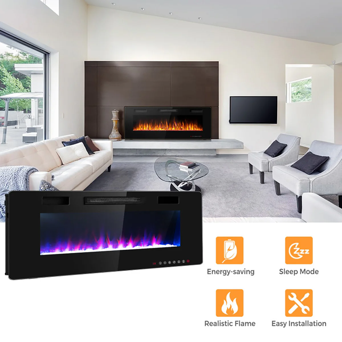 60'' Ultra-Thin Recessed/Wall-Mounted Electric Fireplace - Image 7