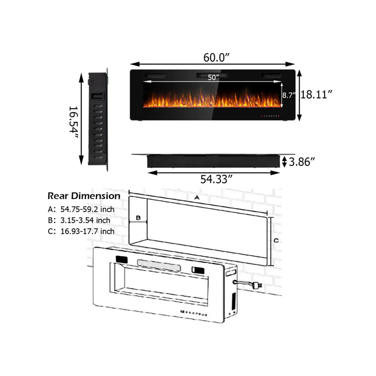 60'' Ultra-Thin Recessed/Wall-Mounted Electric Fireplace - Image 9