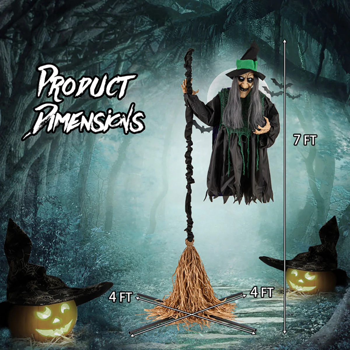 7 Ft. Mechanized LED Witch on Broom - Image 9