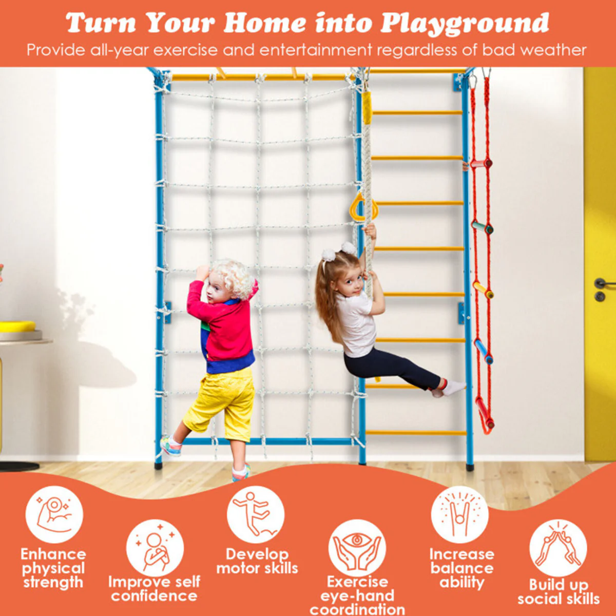 7-in-1 Kids Indoor Swedish Wall Gym Set - Image 6