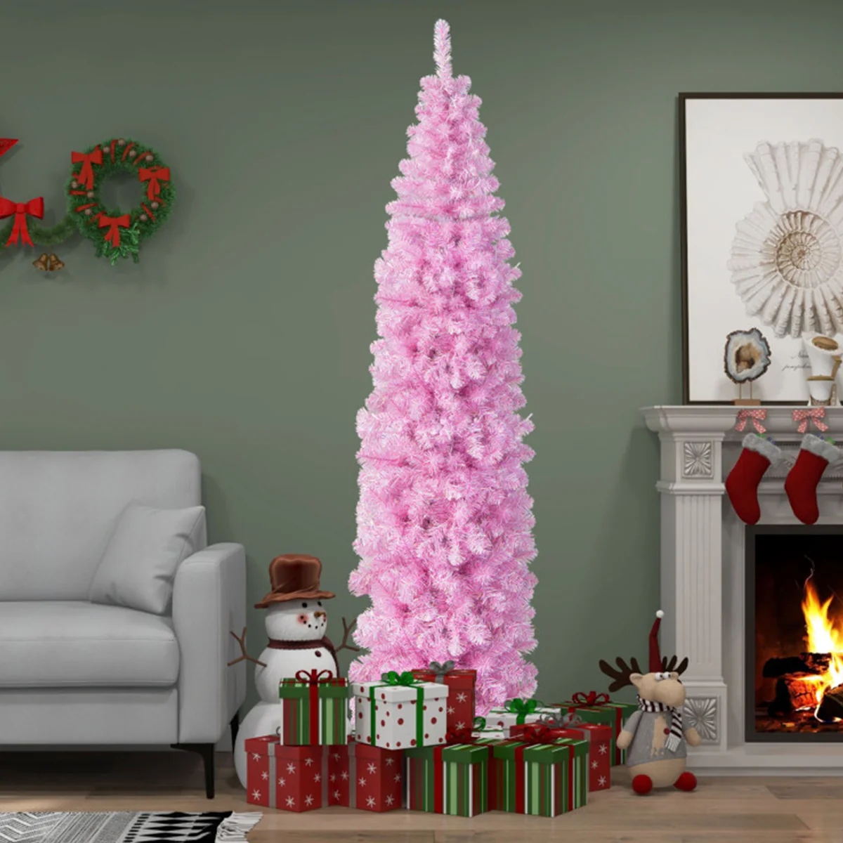 7' Pink Pre-lit Artificial Pencil Christmas Tree