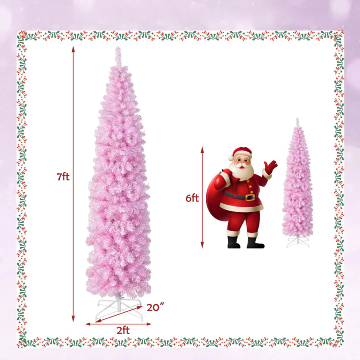 7' Pink Pre-lit Artificial Pencil Christmas Tree - Image 13