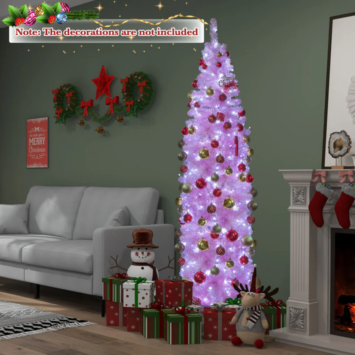 7' Pink Pre-lit Artificial Pencil Christmas Tree - Image 4