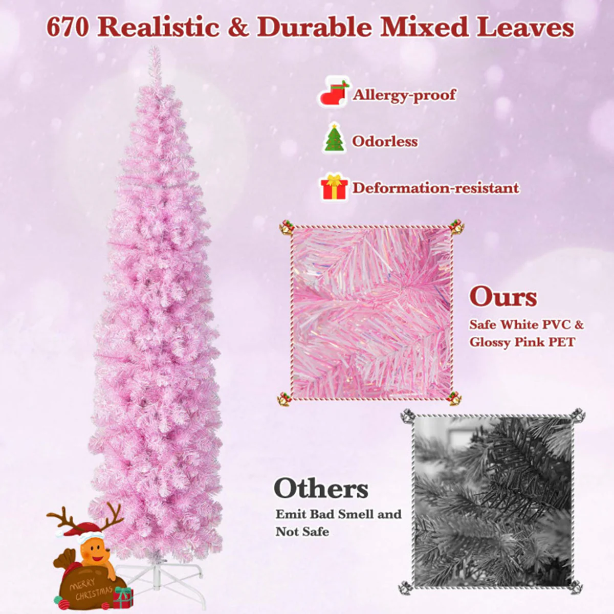 7' Pink Pre-lit Artificial Pencil Christmas Tree - Image 6