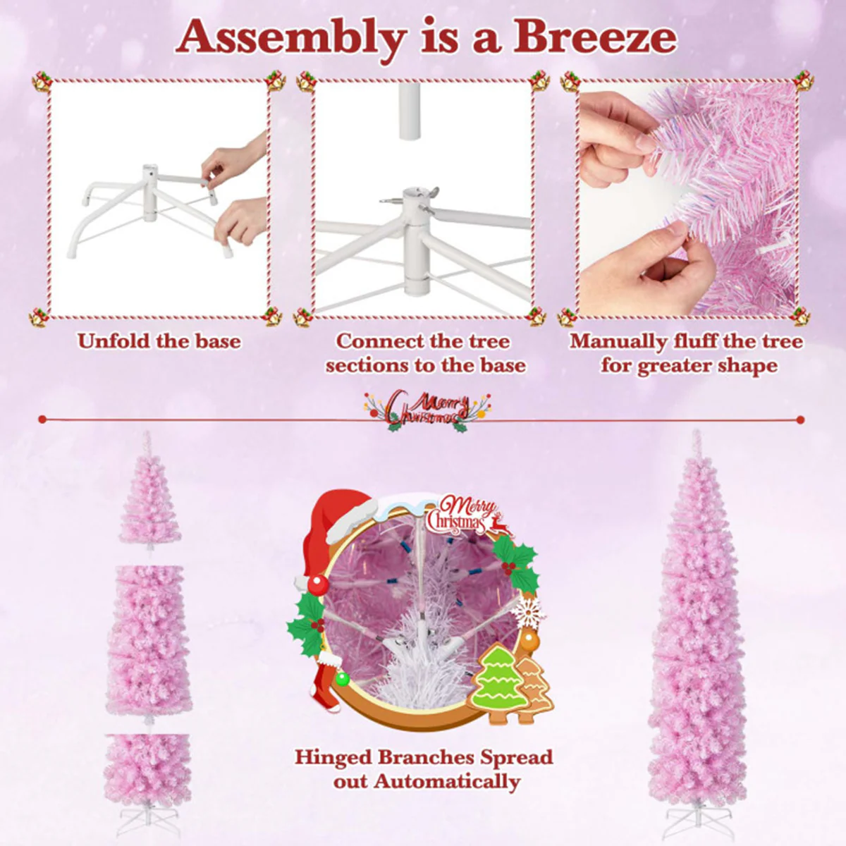 7' Pink Pre-lit Artificial Pencil Christmas Tree - Image 7