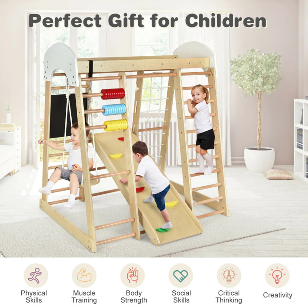 8-in-1 Wooden Climber Play Set with Slide and Swing - Image 12
