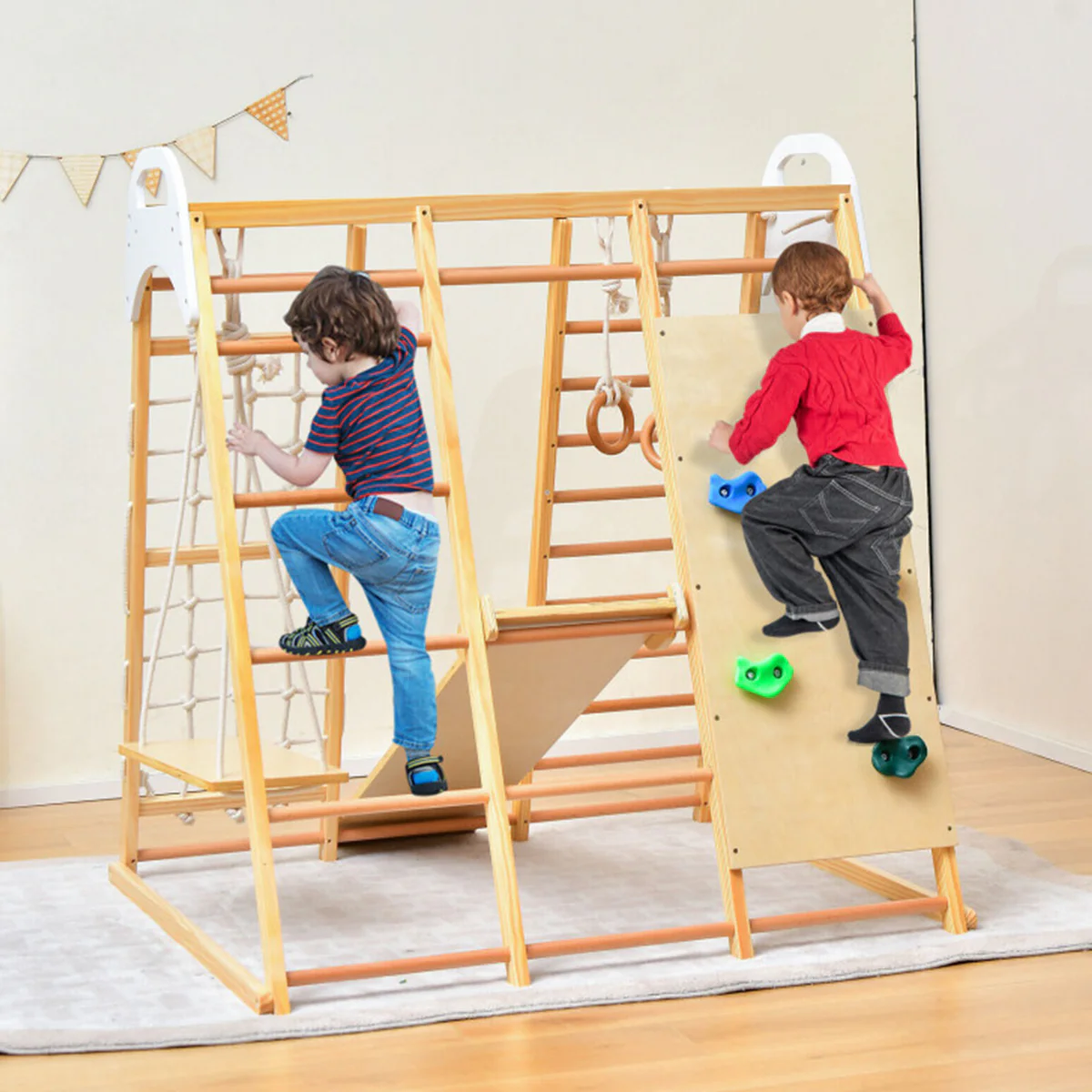 8-in-1 Wooden Jungle Gym Playset with Slide and Monkey Bars