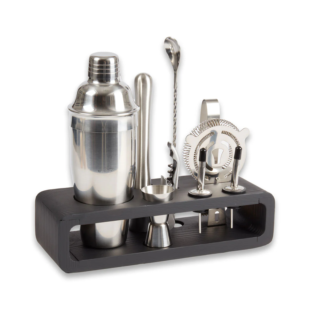 9 Piece Bar Set with Cocktail Shaker Set and Black Wood Base - Image 2